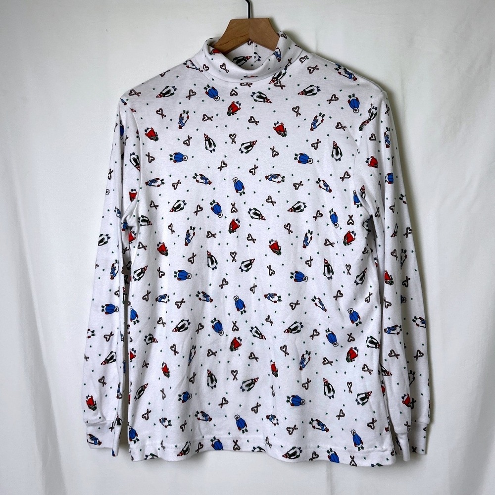 Basic Editions Women Holiday Penguin Print Turtleneck Top Size L White Christmas